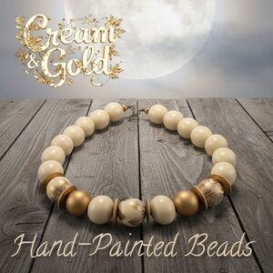 Vintage Hand Painted Floral Bead Necklace – Cream & Gold Statement 18”